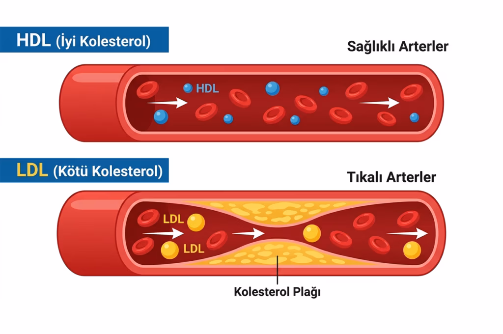 İyi kolesterol HDL ve kötü kolesterol LDL arasındaki farkı gösteren görsel