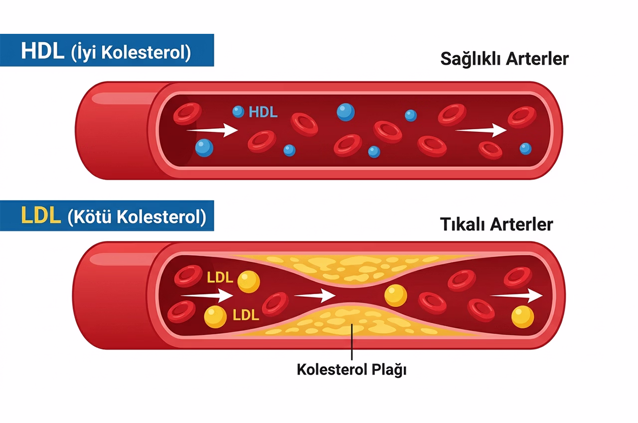 İyi kolesterol HDL ve kötü kolesterol LDL arasındaki farkı gösteren görsel